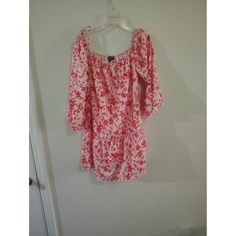 EillyBazar Womens Red Floral Bell Sleeve Off Shoulder Mini Dress Medium